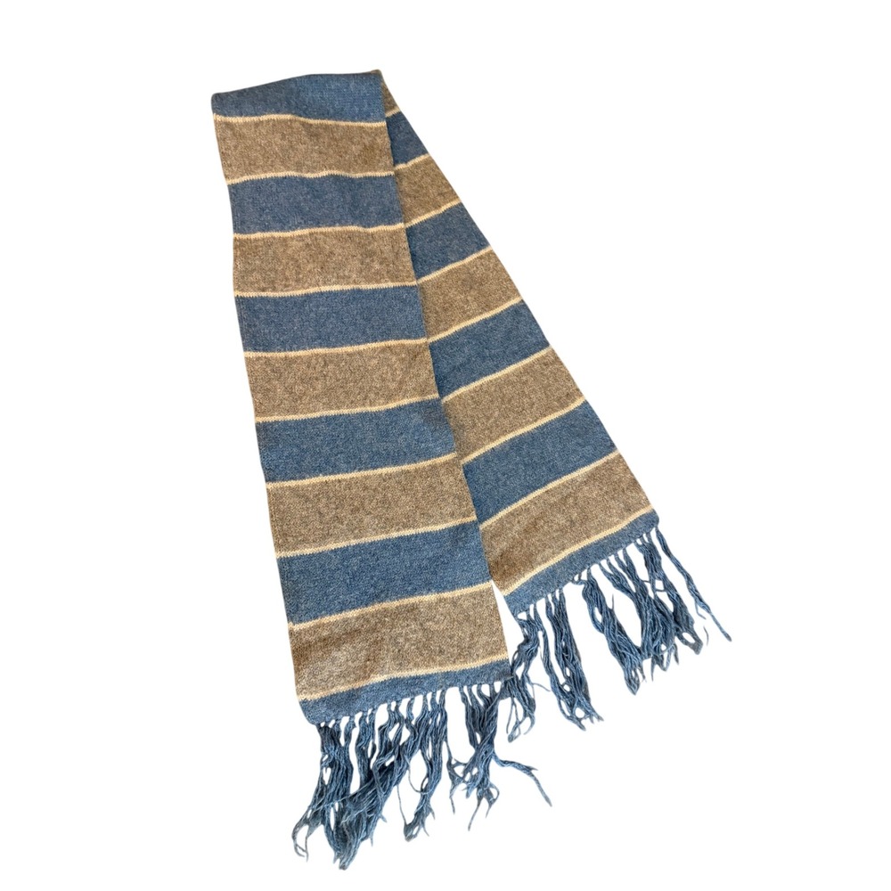 Vintage Fine Wools Spun in Scotland 100% Pure New Wool Striped Fringe Scarf Blue